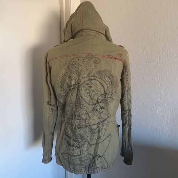Desigual Distressed Embroidered Hooded Jacket Linen Blend Utility Boho Military - Picture 4 of 14